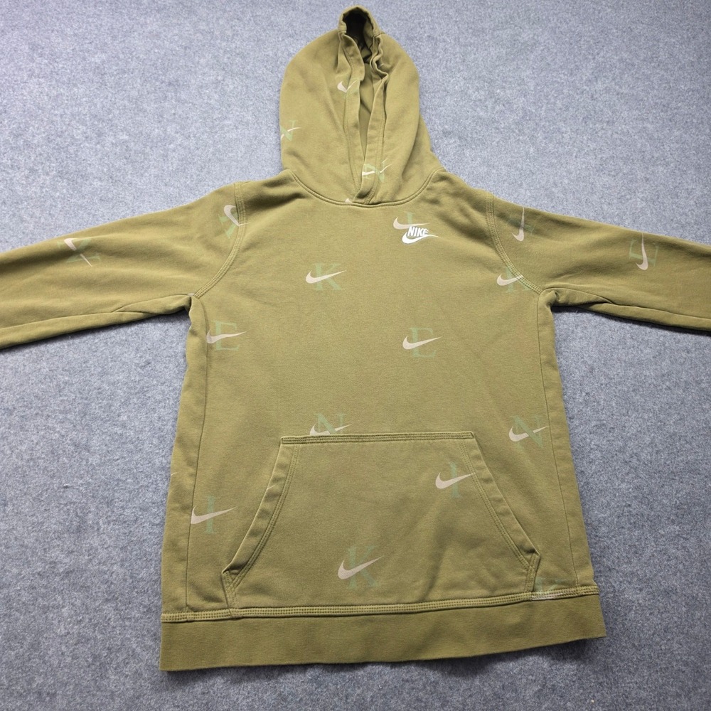 Nike Mens XL Olive Green All Over Print Swoosh Pullover Hoodie Sweatshirt
